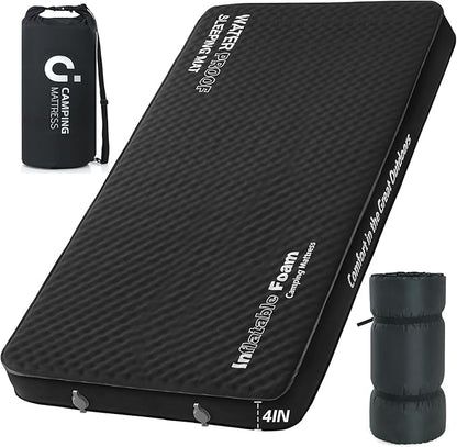 CYMULA Self Inflating Double Sleeping Pad, 4in Ultra-Thick Foam Camping Mattress 2 Person with Air Pump Sack,Camping Beds for Adults Inflatable Sleeping Mat Camping Essentials for Travel, Tent, Black