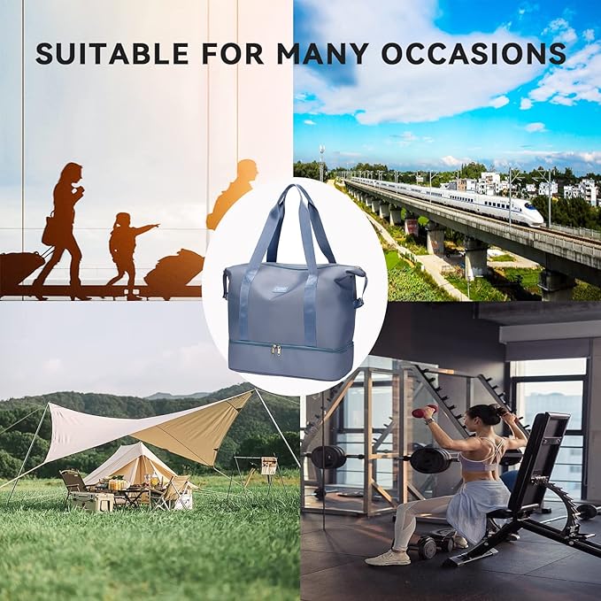 Large Travel Duffel Bag with Shoe Compartment, Gym Tote Carry on Bags for women, Lightweight Duffel Bags with Trolley Sleeve fit for Travel and Sport(Blue)