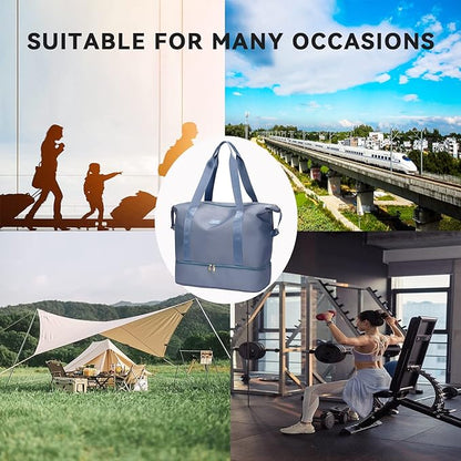Large Travel Duffel Bag with Shoe Compartment, Gym Tote Carry on Bags for women, Lightweight Duffel Bags with Trolley Sleeve fit for Travel and Sport(Blue)