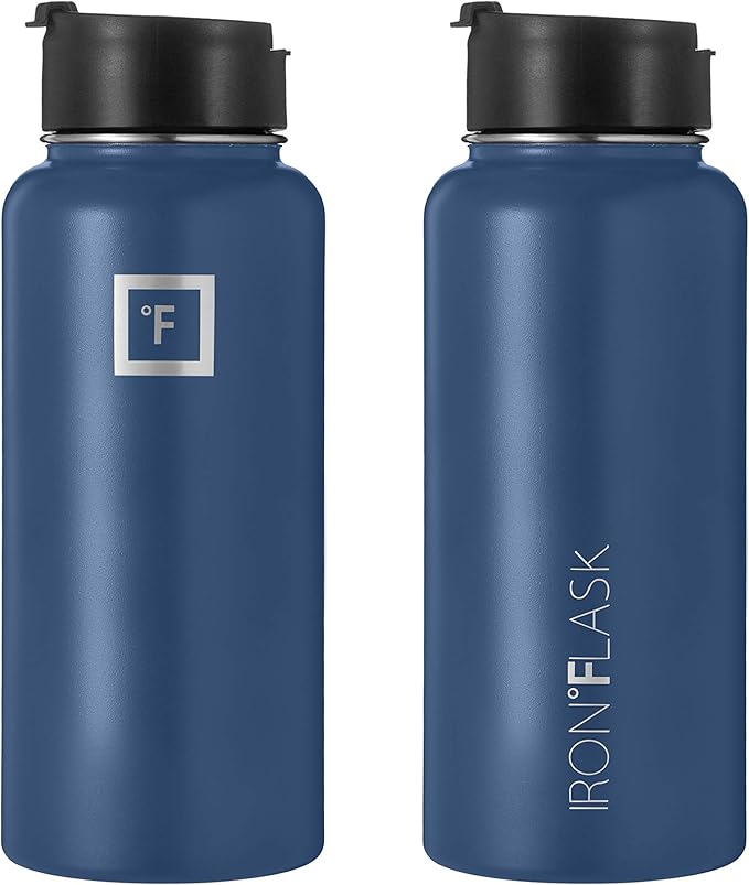 IRON °FLASK Camping & Hiking Hydration Flask, Wide Mouth, 3 Straw Lids, Stainless Steel Outdoor Water Bottle, Double Walled, Insulated Thermos, Metal Canteen - Twilight Blue, 32 Oz