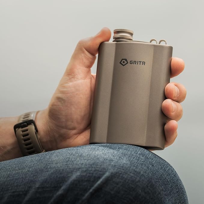 GRITR Titanium Hip Flask 6 fl oz/180 ml w/Filler Funnel & Screw Cap Clip for Camping, Hiking, Backpacking, Travel, Outdoor Events, Picnics, Parties | Ultralight Pocket Drinkware for Men & Women