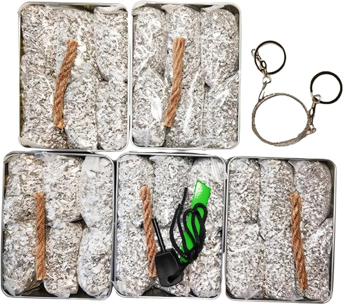 Emergency Fire Starter Magnesium 6 Bags Wax Infused Jute Rope Ferro Rod Striker Saw Wire for Camping Hiking Bushcraft Hurricane + Tin Container