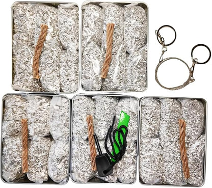 Emergency Fire Starter Magnesium 6 Bags Wax Infused Jute Rope Ferro Rod Striker Saw Wire for Camping Hiking Bushcraft Hurricane + Tin Container