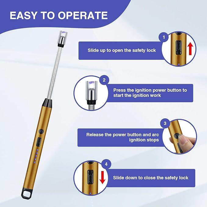 2 PCS Candle Lighter, Electric Lighter Arc Windproof Flameless with 360° Flexible Neck & LED Power Display,USB Rechargeable Lighter for BBQ, Grill, Camping, Fireplace, Stove(Gold)
