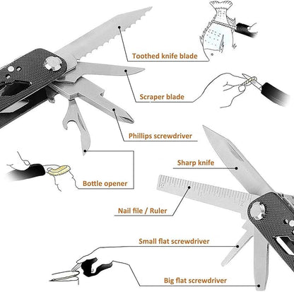 Multi tool with Pliers, Knife Bottle Opener Screwdriver Saw - Perfect for Outdoor Survival Camping Fishing & Hiking 11 in 1 Plus 11 Bits