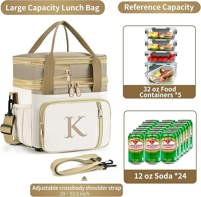 LOKASS Personalized Lunch Bag for Women Work, 16L Initial Insulated Lunch box for Adult/Womens Gift, Leakproof Personalized Gift Lunchbag with Adjustable Shoulder Strap, Cooler Bag Beige - R