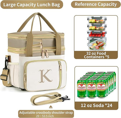LOKASS Personalized Lunch Bag for Women Work, 16L Initial Insulated Lunch box for Adult/Womens Gift, Leakproof Personalized Gift Lunchbag with Adjustable Shoulder Strap, Cooler Bag Beige - U