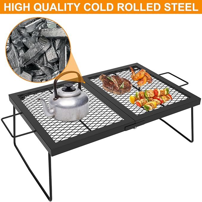 Folding campfire Grill Cooking Racks Campfire Grate Over Fire Pit, Fireplace Cooking Grate Fire grill Grate for Camping, Grill Grate Over the Fire Cooking Equipment Camping Accessories for Outside
