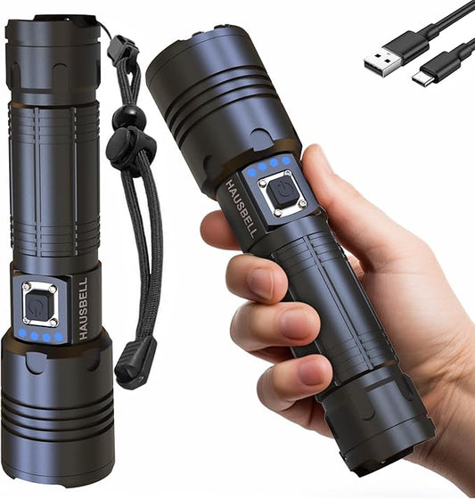 HAUSBELL Rechargeable LED Flashlights High Lumens, 20000 Lumens Super Bright Zoomable Waterproof Flashlight with 5 Modes, Input and Output, Powerful Handheld Flashlight (A300-2 Pack)