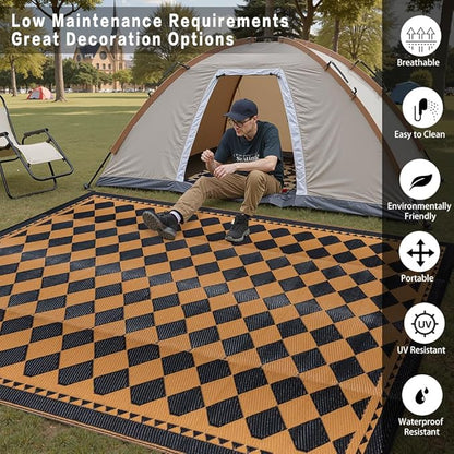 Outdoor Waterproof Rug 6'x9' Plastic Straw Rugs Washable Reversible Floor Mat Brown Plaid Carpet for Camping RV Deck Entryance Porch Picnic Balcony Beach Backyard