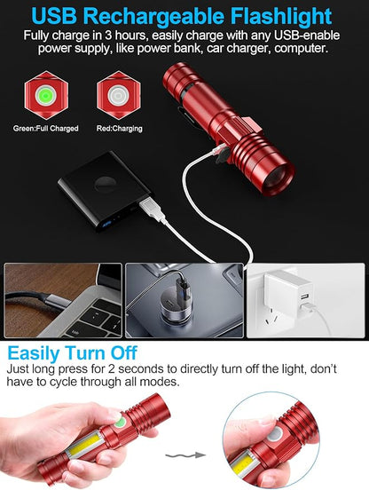 Rechargeable LED Flashlights, Magnetic Flashlight Super Bright Tactical Flashlight with SideLight,USB Rechargeable,Zoomable,Waterproof Best Small Flashlight for Camping, Emergency Red