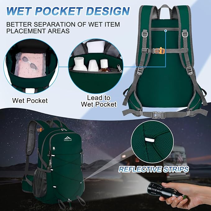 BKNOOU 40L Lightweight Hiking Backpack Packable Camping Backpack Waterproof Hiking Daypack Men Women Foldable Travel Daypack