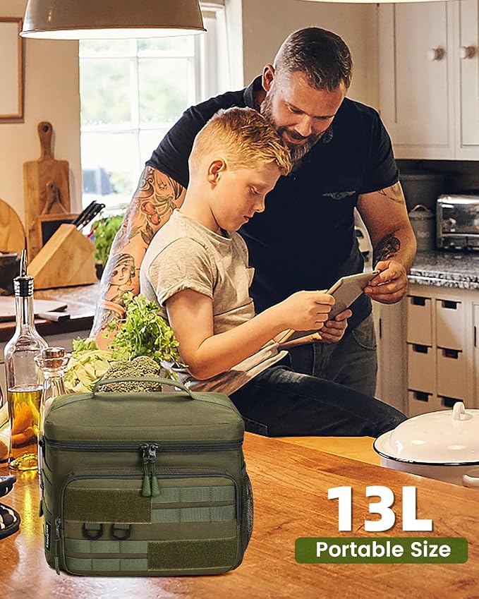 Tactical Lunch Box, RalChyez 13L Large Insulated Lunch Bag MOLLE Webbing Leakproof Thermal Cooler with Shoulder Strap Lunch Pail for Adult Men Women Office Work Camping Picnic Travel Green