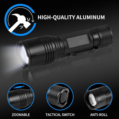 LED Flashlights 2PCS - Mini Tactical Flashlight with 5 Modes, Zoomable Beam, Battery Level Alert-650LM Powerful and Bright Handheld Flashlight for Home, Camping, Hiking,Emergency