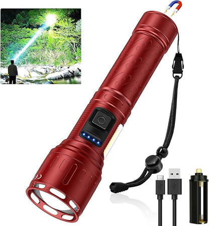 LED Magnetic Flashlights High Lumens Rechargeable, 10000 Lumens Super Bright Powerful Tactical Flashlight 8 Modes with COB Work Light, Waterproof Handheld Flash Light for Emergency Camping, Red