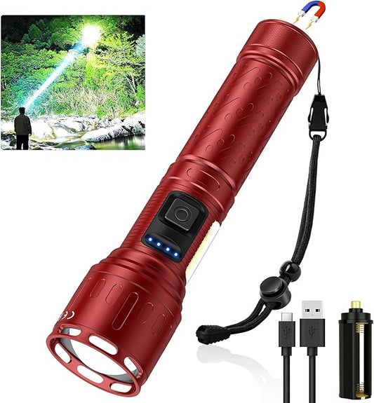 LED Magnetic Flashlights High Lumens Rechargeable, 10000 Lumens Super Bright Powerful Tactical Flashlight 8 Modes with COB Work Light, Waterproof Handheld Flash Light for Emergency Camping, Red