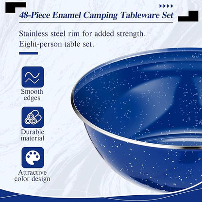 48 Pcs Enamel Camping Tableware Set for 8 Includes 12 oz Enamel Coffee Mugs 10.5 Inch Camping Plates 6 Inch Bowls and Camping Utensils Set Includes Knife Fork Spoon for Camping Outdoor RV