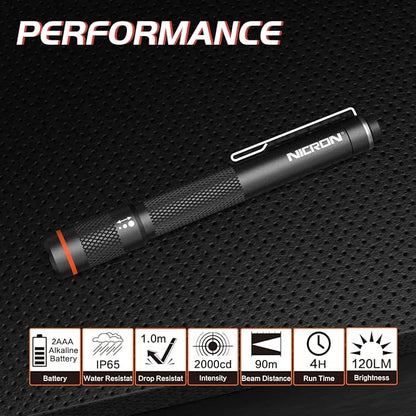 NICRON B22W LED Pocket Pen Light, Small, Compact, Portable, Zoomable Flashlight with Clip for nspection, Camping, Outdoor, Everyday Use