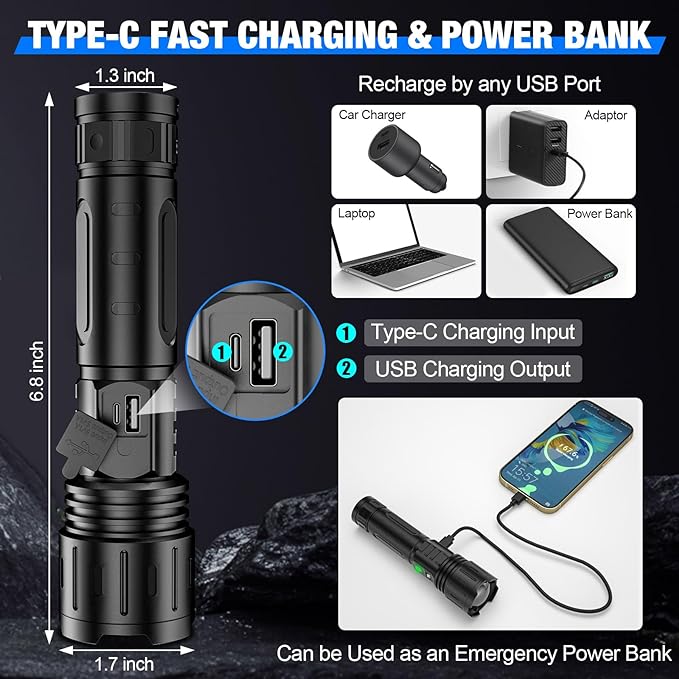 LED Flashlights High Lumens Rechargeable, 100000 Lumens Super Bright Powerful Flashlight, Type-C, 5 Modes, Zoomable, IPX5 Waterproof High Powered Tactical Flash Light for Emergency Camping Hiking