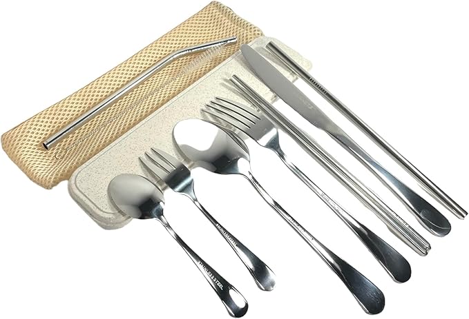 11 Pcs Reusable Utensil Set with Case - Stainless Steel EDC Cutlery Set for Travel, Camping, Picnic & Outdoor Activities – Perfect Lunch Box Accessories & Mess Kit for Kids & Adults (Beige)