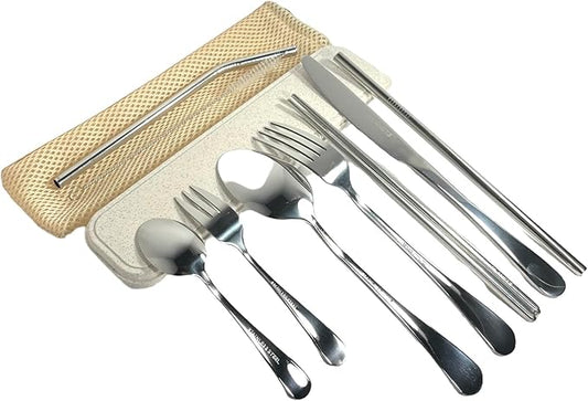 11 Pcs Reusable Utensil Set with Case - Stainless Steel EDC Cutlery Set for Travel, Camping, Picnic & Outdoor Activities – Perfect Lunch Box Accessories & Mess Kit for Kids & Adults (Beige)
