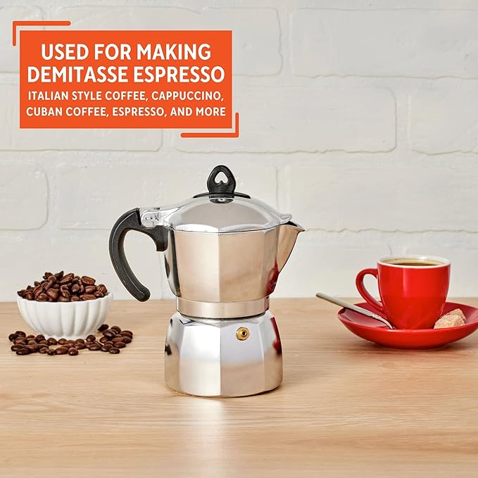 Imusa 6 Cup Stovetop Espresso Maker with Heart Shaped Knob, Silver