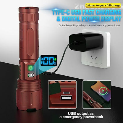 Flashlights 20000 High Lumens Rechargeable - 1500 Meters Long Beam Super Bright LED Flash Light with Power Display & IPX5 Waterproof for Camping, 20H Runtime,5 Modes,Zoomable Handheld Flashlight-Brown