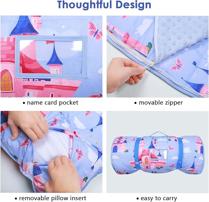 Kids Sleeping Bag Nap Mat with Removable Pillow and Blanket,Extra Thick Large 2 in 1 Slumber Bags for Boys Girls,Toddler Nap Mat for Preschool Daycare Travel Camping