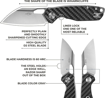 Firebird GANZO FH924-CF Ball Bearing Pocket Folding Knife Wharncliffe D2 Steel Blade G10 Anti-Slip Handle with Clip Camping Hunting Fishing Folder Outdoor EDC Pocket Knife (Carbon Fiber Black)