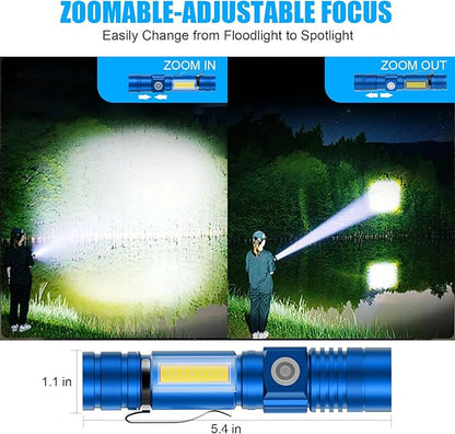 Flashlight USB Rechargeable, Magnetic LED Flashlight, Super Bright LED Tactical Flashlight with Cob Sidelight, 2000LM, Waterproof, Zoomable Best Small LED Flashlight for Camping, Emergency - Blue