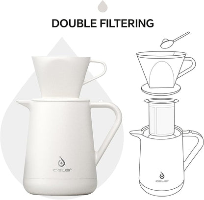 Ideus Insulated Pour Over Coffee Maker Set 20oz, Stainless Steel Coffee Pot Pour Over Set Camp Coffee Carafe BPA-Free with Dripper and Tea Infuser for Home, Office & Camping (White)