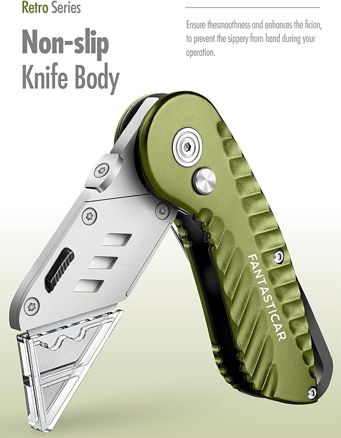 FantastiCAR Folding Utility Knife, Quick Blade Change Box Cutter, Anti-slip Metal Body, with Safety Lock and 5 Extra Blades (Retro Green)