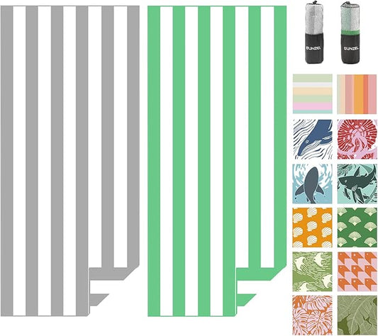 Eunzel 2 Pack Microfiber Beach Towel, Quick Dry Travel Towel Large Sand Free Towel for Beach, Camping, Swim Pool, Gym, Sports& Yoga 71"x32", Stripe Grey & Green