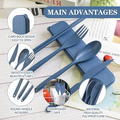 Large Reusable Travel Utensils Set with Case, Plastic Silverware Set for Adults Travel Picnic Camping, Portable Flatware Cutlery Set with Chopsticks for Daily Use(Dark Blue)