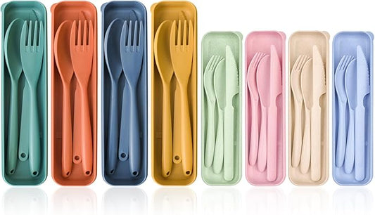 Lnrkai 8 Sets Reusable Utensils Set with Case, 2 Sizes Travel Utensils Cutlery Sets, Plastic Spoons and Forks Set for Lunch Box Accessories for Kid Adults Travel Picnic Camping Use