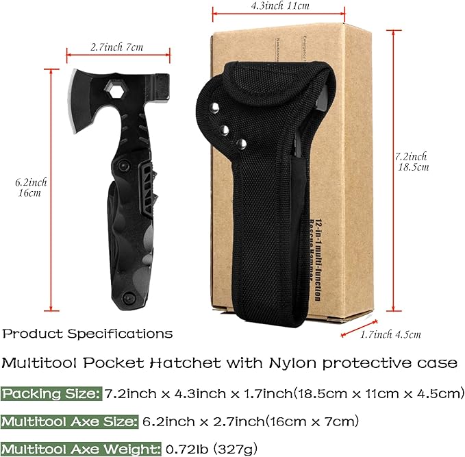 Cool Christmas Unique Gifts, Camping Survival Gear Multitool, Stocking Stuffers Camping Accessories Multitool Pocket Hatchet, for Dad Husband, Camping Tool with Mini Axe,Hammer, Knife, Nail File