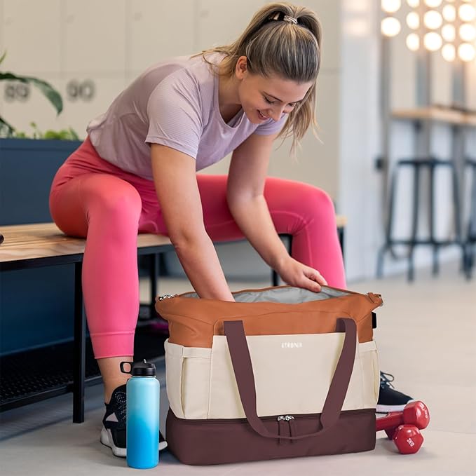 ETRONIK Gym Bag for Women, Travel Duffel Bag with USB Charging Port, Weekender Overnight Bag with Wet Pocket and Shoes Compartment for Women, Travel, Gym, Yoga (Brown/Khaki/Orange)