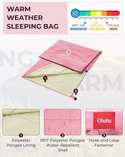 Sleeping Bag, Ohuhu Lightweight Sleeping Bag 3 Season Warm Weather Portable Compact Sleeping Bags for Adult Kids with Carry Bag for Camping Hiking Backpacking and Outdoors 59℉-77℉