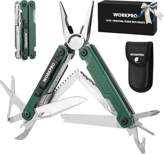 WORKPRO 18-in-1 Multi Tool Pliers, Stainless Steel EDC Multitool with Pocket Knife, 2 Safety Locks, Belt Clip and Oxford Pouch, Multipurpose Utility Multiuse Tool for Camping Outdoor Activities