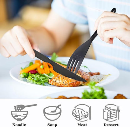 Large Reusable Utensil Set with Case, 2 Sets Portable Plastic Spoons Fork Knife Camping Utensils for Lunch Box Accessories for Kids Adults Travel Picnic Camping Daily Use(Blue, Black)