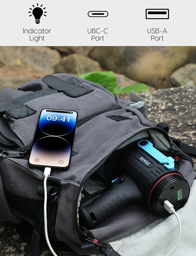 XINXI 1000,000 Lumens Rechargeable Spotlight with COB Floodlight, 6 Light Modes and USB Charger for Hiking, Boating, Hunting, IP67 Waterproof Handheld Flashlight with red Filter(BLUE)