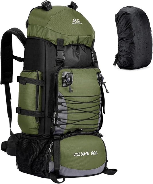 90L Hiking Backpack, Waterproof Camping Bag with Rain Cover, Lightweight Backpacking Back Pack - No Frame (Army Green)