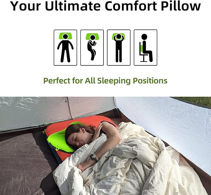 Camping Pillow - Inflatable Pillow - Travel Pillows for Backpacking & Airplane, Lumbar Support 2.0 Blow Up Pillows, Ultralight Compressible, Comfortable, Ergonomic Pillows (Light Green)