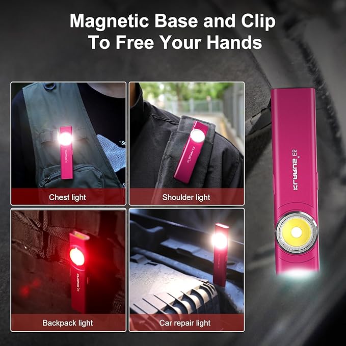 klarus E5 Pocket Flashlight, Rechargeable EDC Flashlight, Super Slim Flat 4.2x1x0.3inch, 470 Lumens, USB-C Port, IPX4, Dual Light Source with Magnetic Base, Hat & Clothes Clip - Red