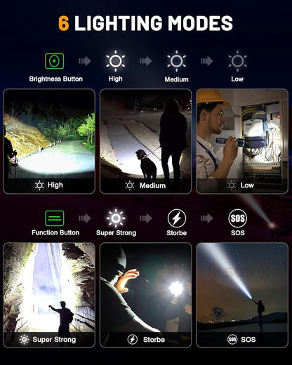 Rechargeable Flashlights 2000000 High Lumens Super Bright LED Flashlight Flash Light Powered by Battery|25H Long Life|Holster|Zoomable 6Modes|Waterproof Tactical Flashlights for Camping Outdoor Home
