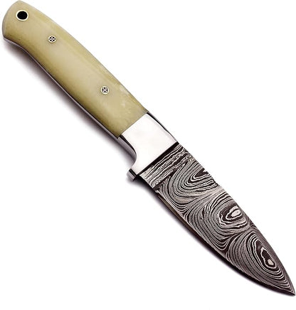 Handmade Damascus Steel Knife for Hunting,Survival,Camping,Bushcraft,and Fishing-Fixed Blade Dagger with Drop Point Full Tang-Micarta Handle with Cowhide Leather Sheath DCX 22 -250