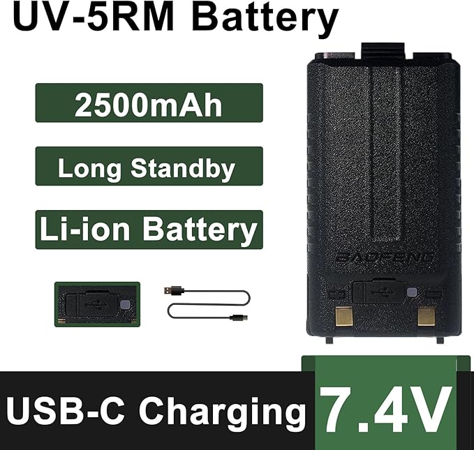BAOFENG 2 Pack UV-5RM Battery 2500mAh Enlarge Capacity for UV-5RH Two Way Radio USB-C Charging 7.4V BL-5RH Li-ion Battery Replacement GM-5RH Walkie Talkie Accessories