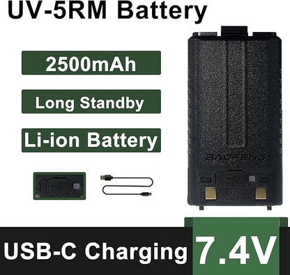 BAOFENG 2 Pack UV-5RM Battery 2500mAh Enlarge Capacity for UV-5RH Two Way Radio USB-C Charging 7.4V BL-5RH Li-ion Battery Replacement GM-5RH Walkie Talkie Accessories