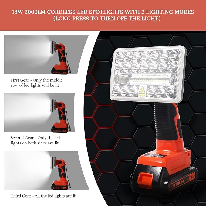 YEX-BUR for Black and Decker 20v Light, LED Work Light for Black and Decker 20V, 18W 2000LM Portable Spotlight Floodlights with USB-A Port for Camping Car Repairing Garage