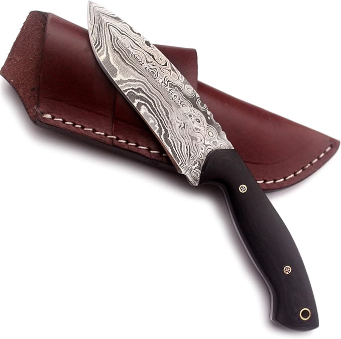 Handmade Damascus Steel Knife Bowie for Hunting,Survival,Camping,Bushcraft,and Fishing-Fixed Blade with Recurve Full Tang Micarta Handle with Cowhide-Leather Sheath WKD-772
